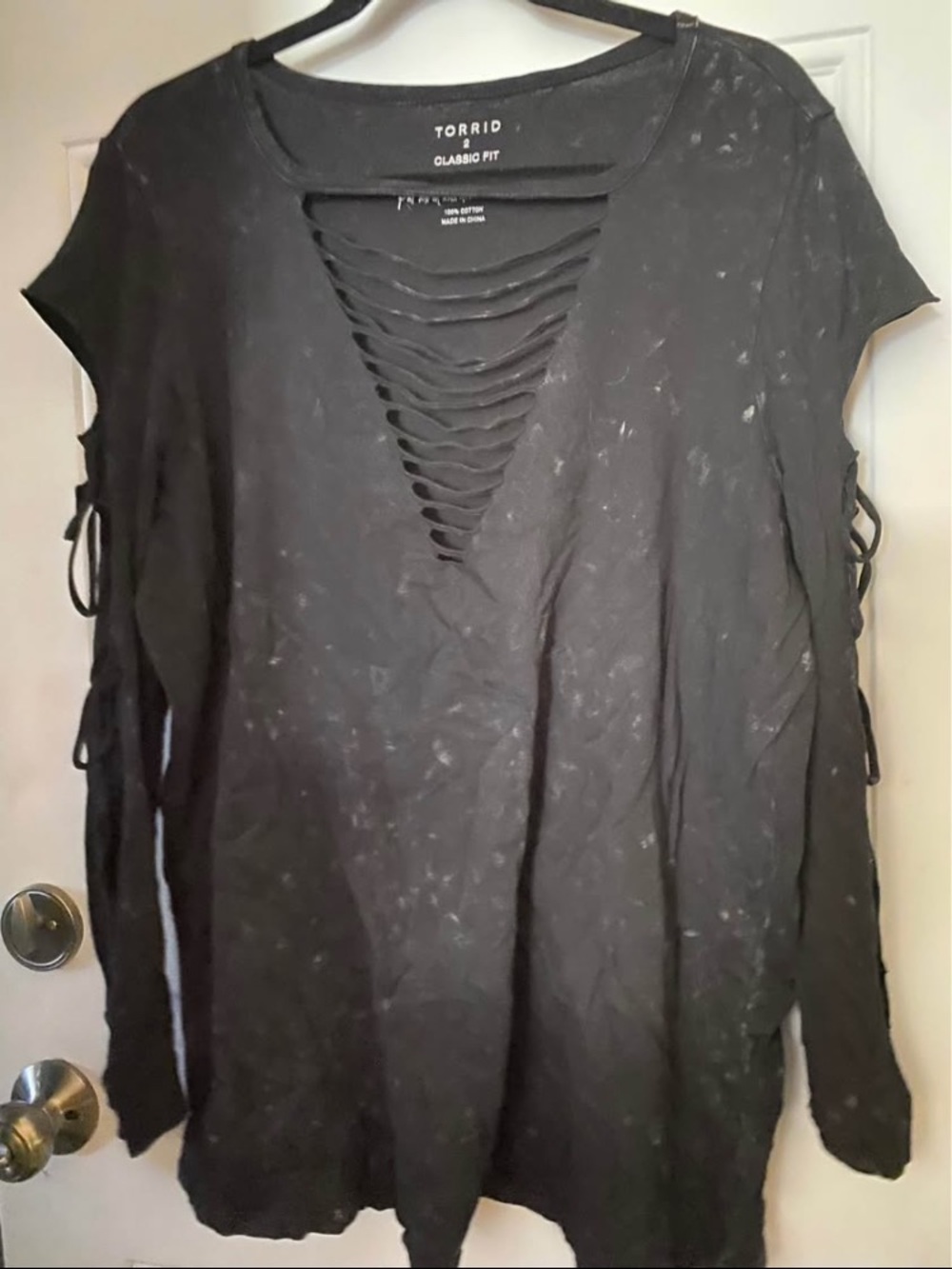 torrid Black Distressed Slashed V-Neck Long Sleeve Top